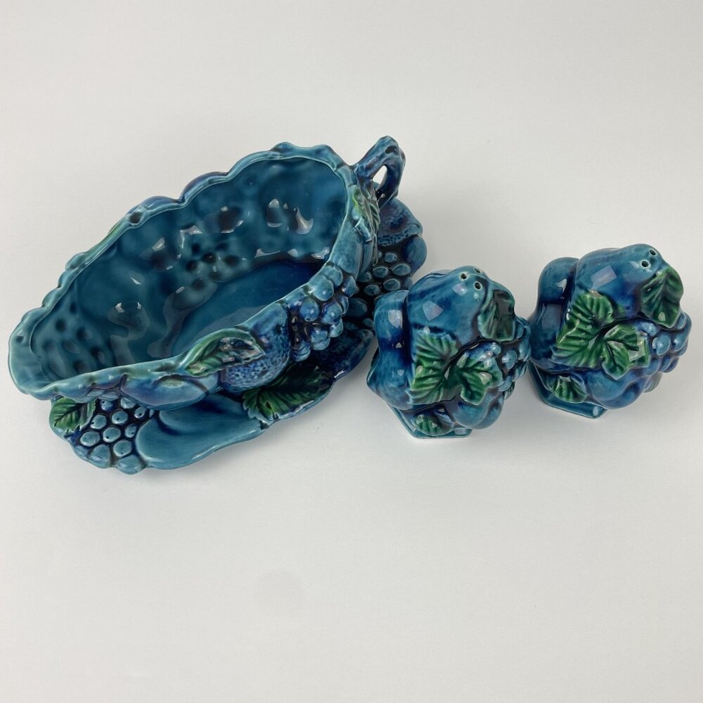 Vintage Inarco Japan "Mood Indigo" Blue Ceramic Gravy Boat and S & P Shaker Set